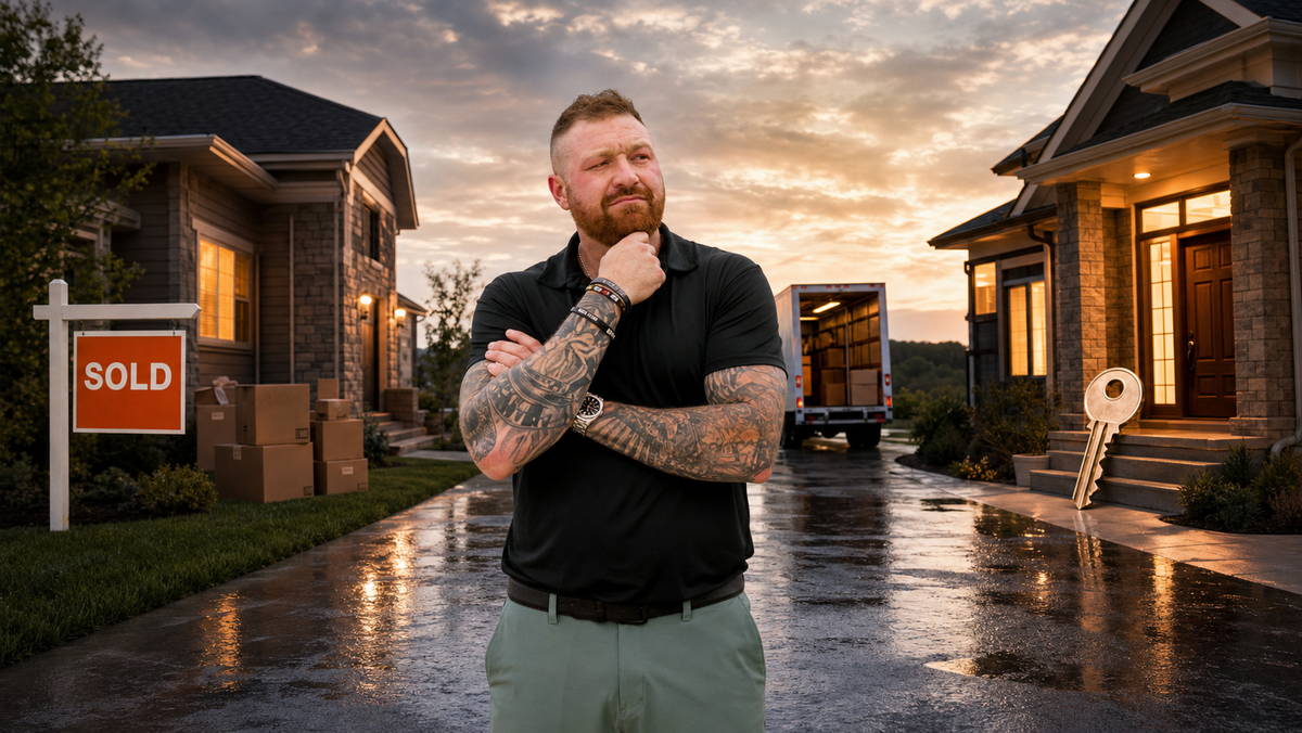 Michael Morris pauses between a sold home with moving boxes and a next home with an oversized key, showing the decision involved in selling and buying at the same time in the Kansas City Northland