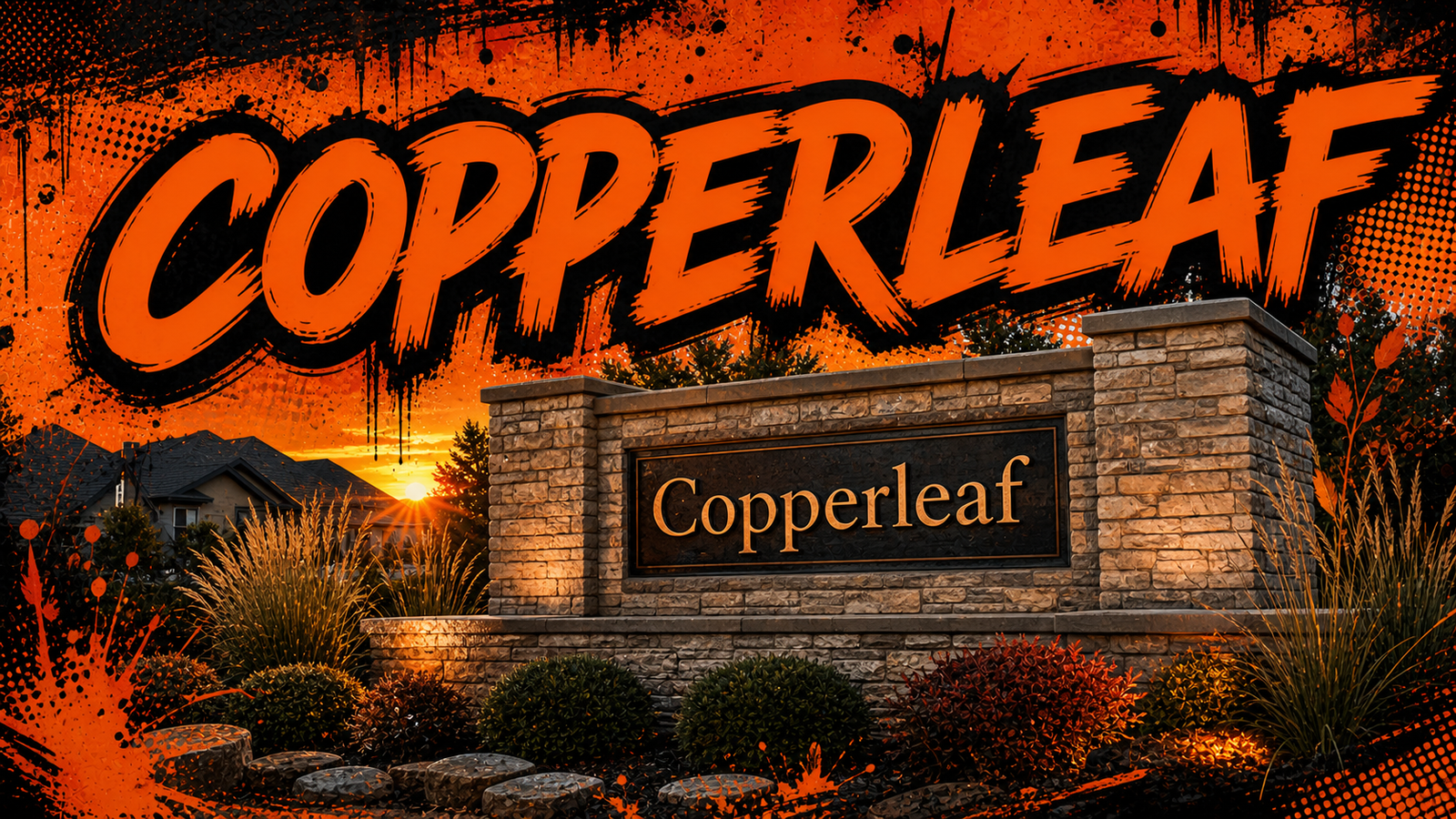 Copperleaf neighborhood stone entrance monument in Kansas City Northland, illustrated in Big Mike orange-and-black graffiti style
