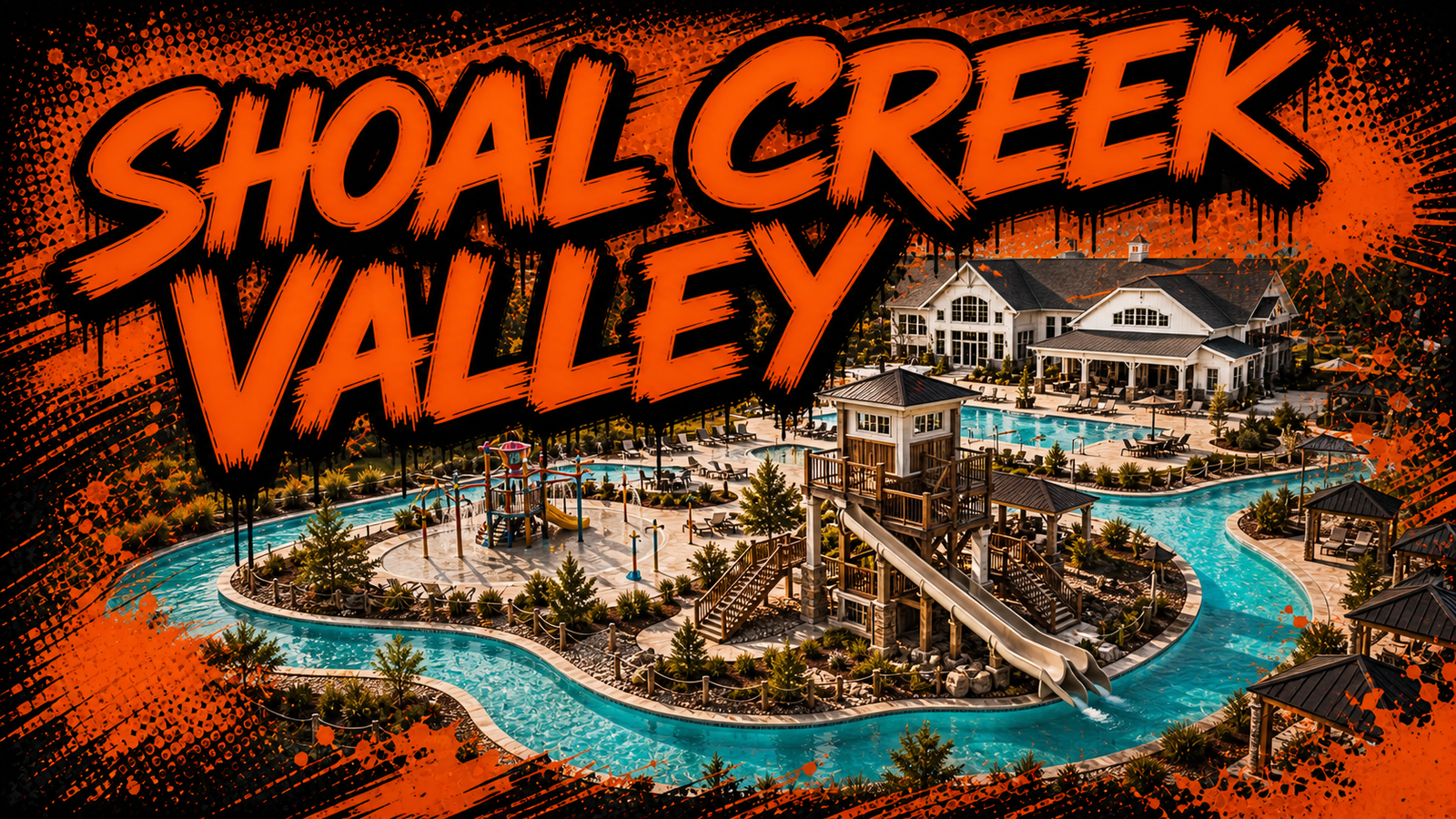 Shoal Creek Valley Park House aquatic center, lazy river and slide tower near Liberty, illustrated in Big Mike orange-and-black graffiti style