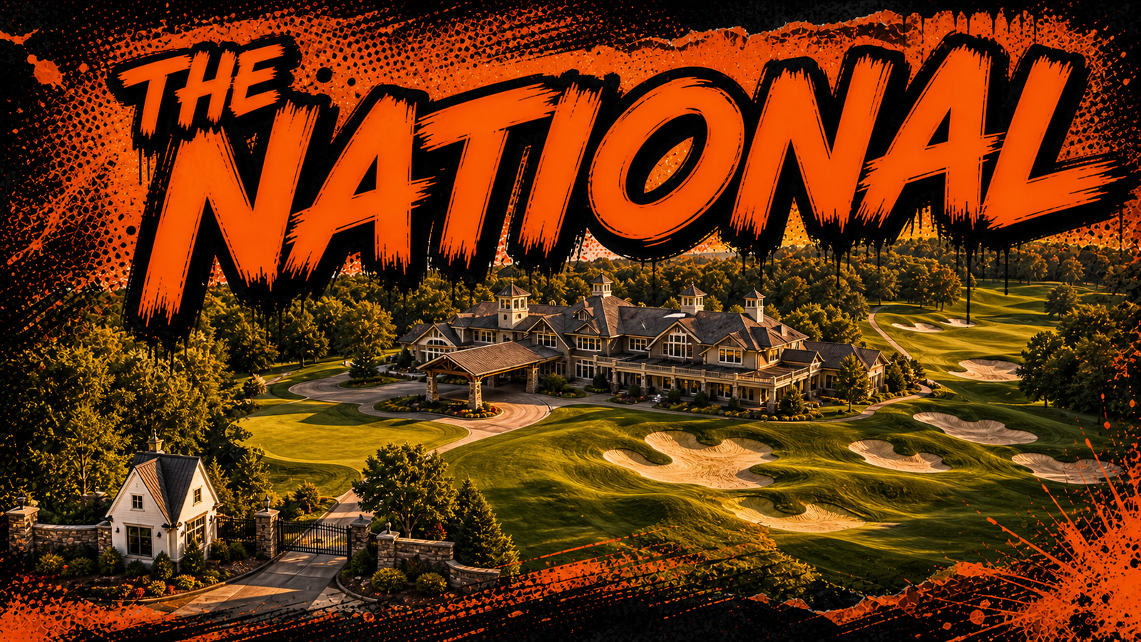 The National Golf Club clubhouse, fairways and gated entrance in Parkville, illustrated in Big Mike orange-and-black graffiti style