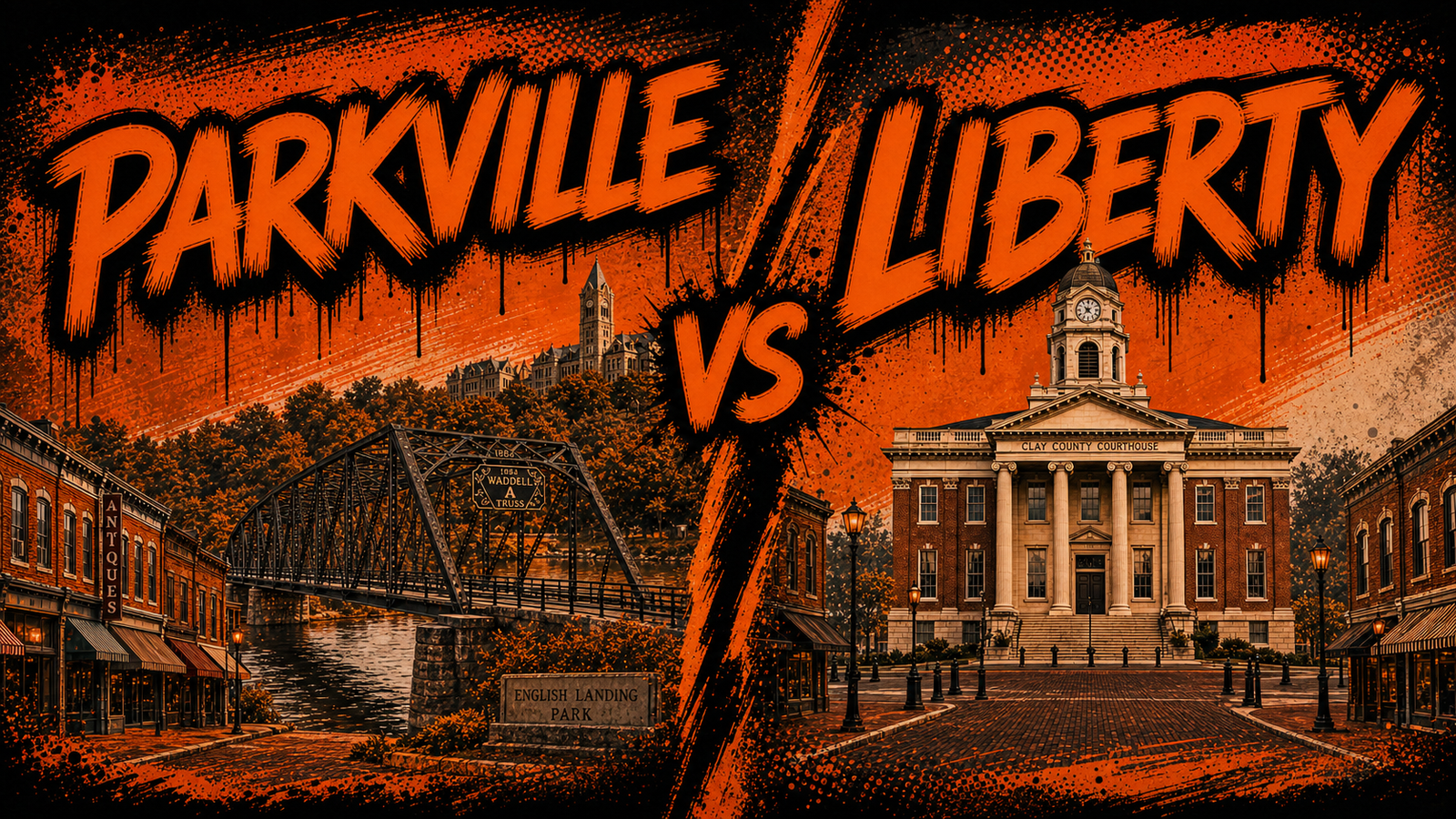 Parkville versus Liberty Missouri comparison with Parkville downtown, Waddell bridge and Park University opposite Liberty Square and Clay County Courthouse, illustrated in Big Mike graffiti style