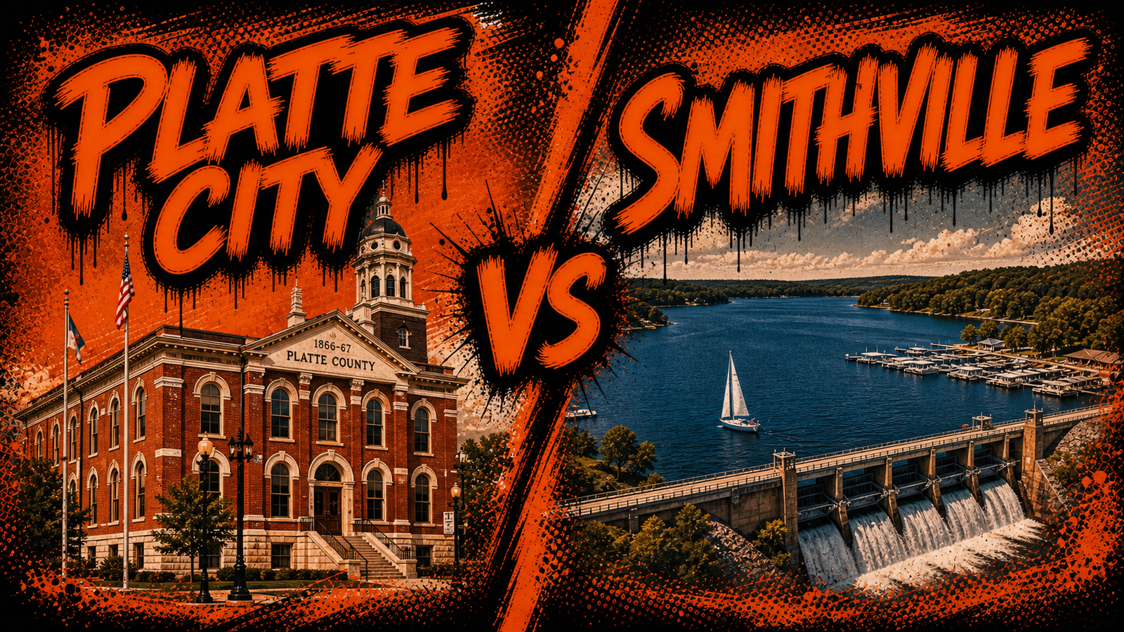Platte City versus Smithville comparison with Platte County Courthouse opposite Smithville Lake, marina and dam, illustrated in Big Mike orange-and-black graffiti style