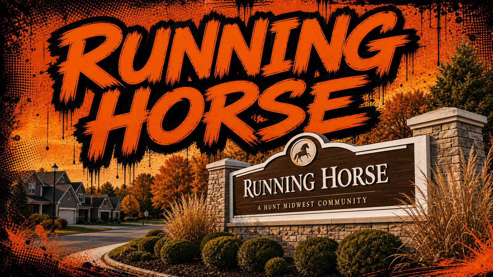 Running Horse Hunt Midwest community entrance in Platte City, illustrated in Big Mike orange-and-black graffiti style