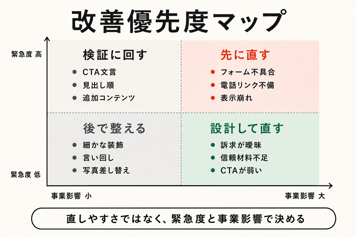 ホームページ改善のチェック結果を緊急度と事業影響で優先順位に変換する図解