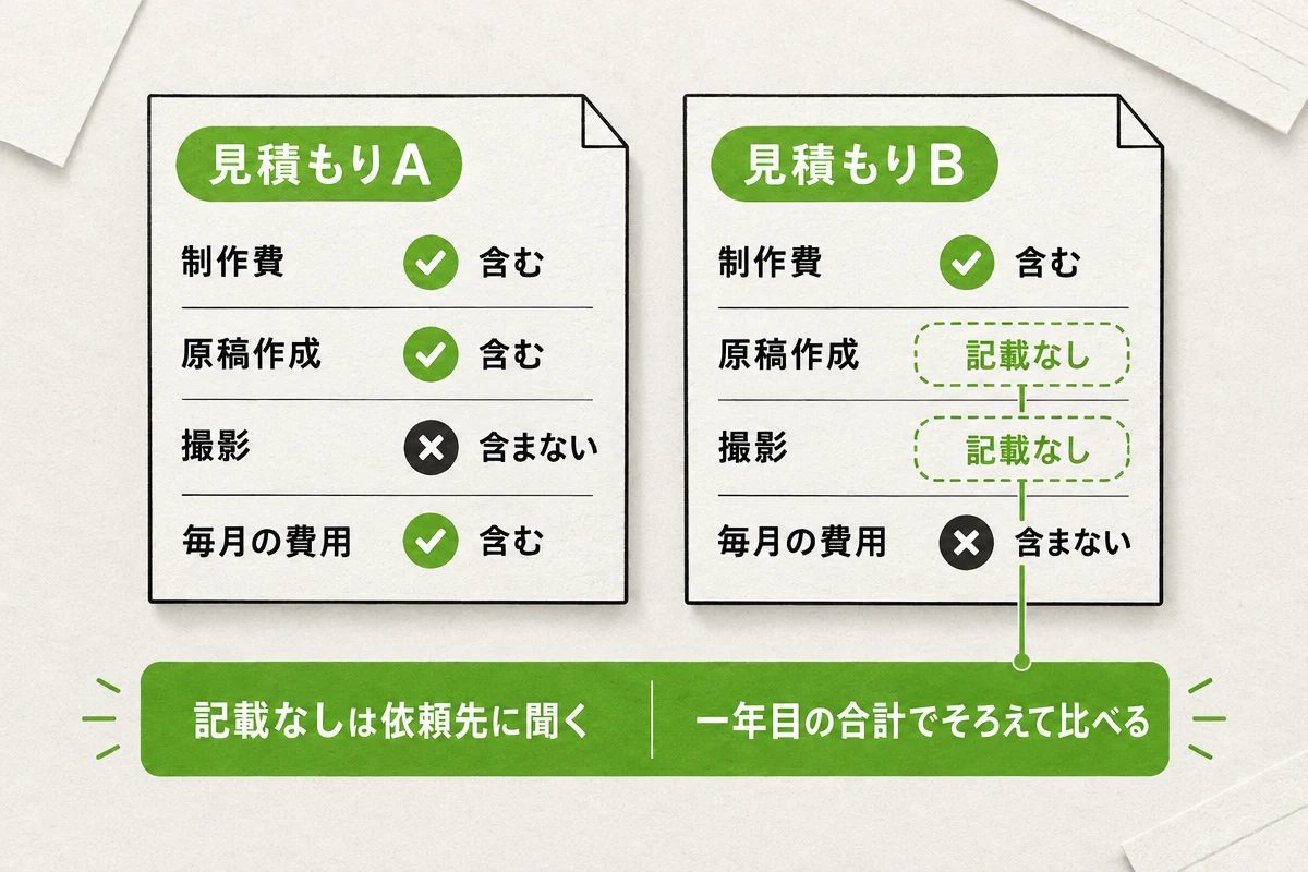 見積もりAとBを、制作費・原稿作成・撮影・毎月の費用の4行で比べた図。Bの原稿作成と撮影は記載なしで、下の帯に「記載なしは依頼先に聞く」「一年目の合計でそろえて比べる」とある。