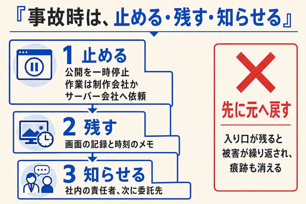 事故時に止める、残す、知らせるの順で動く段と、先に元へ戻すことを禁じる印を並べた図