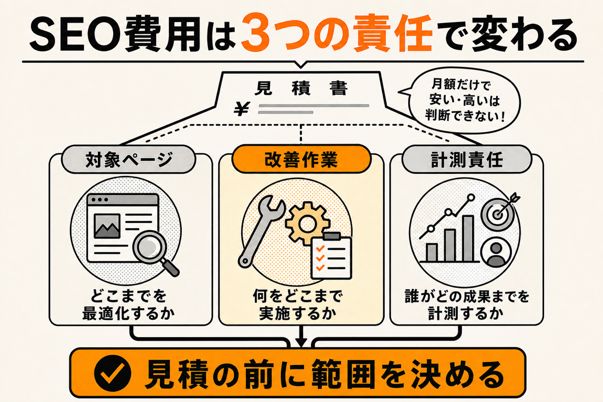 SEO対策の費用が対象ページ、改善作業、計測責任で変わることを示す図