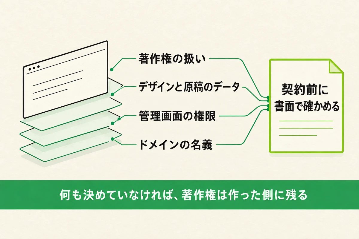 納品されたホームページの画面の下に重なる層から、著作権の扱い、デザインと原稿のデータ、管理画面の権限、ドメインの名義の4項目が、「契約前に書面で確かめる」と書かれた書類へつながる図。下の帯に「何も決めていなければ、著作権は作った側に残る」。