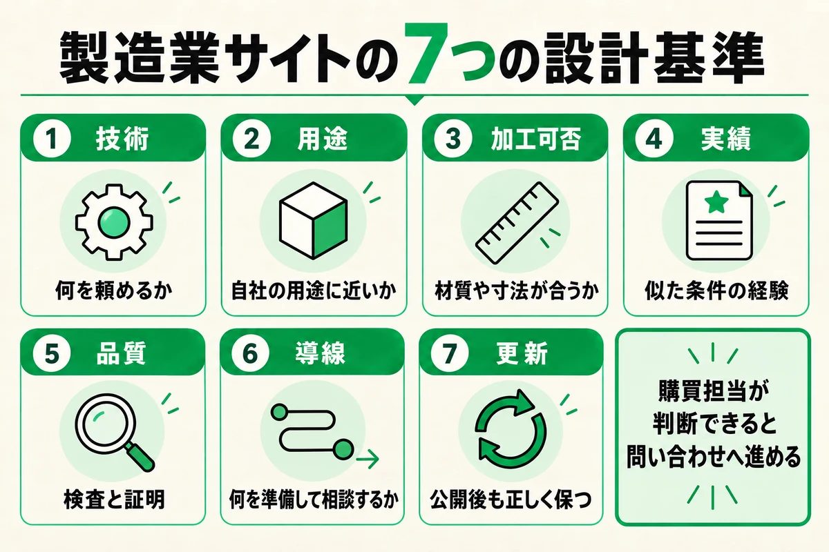 製造業サイトの7つの設計基準の図 技術 何を頼めるか 用途 自社の用途に近いか 加工可否 材質や寸法が合うか 実績 似た条件の経験 品質 検査と証明 導線 何を準備して相談するか 更新 公開後も正しく保つ 購買担当が判断できると問い合わせへ進める