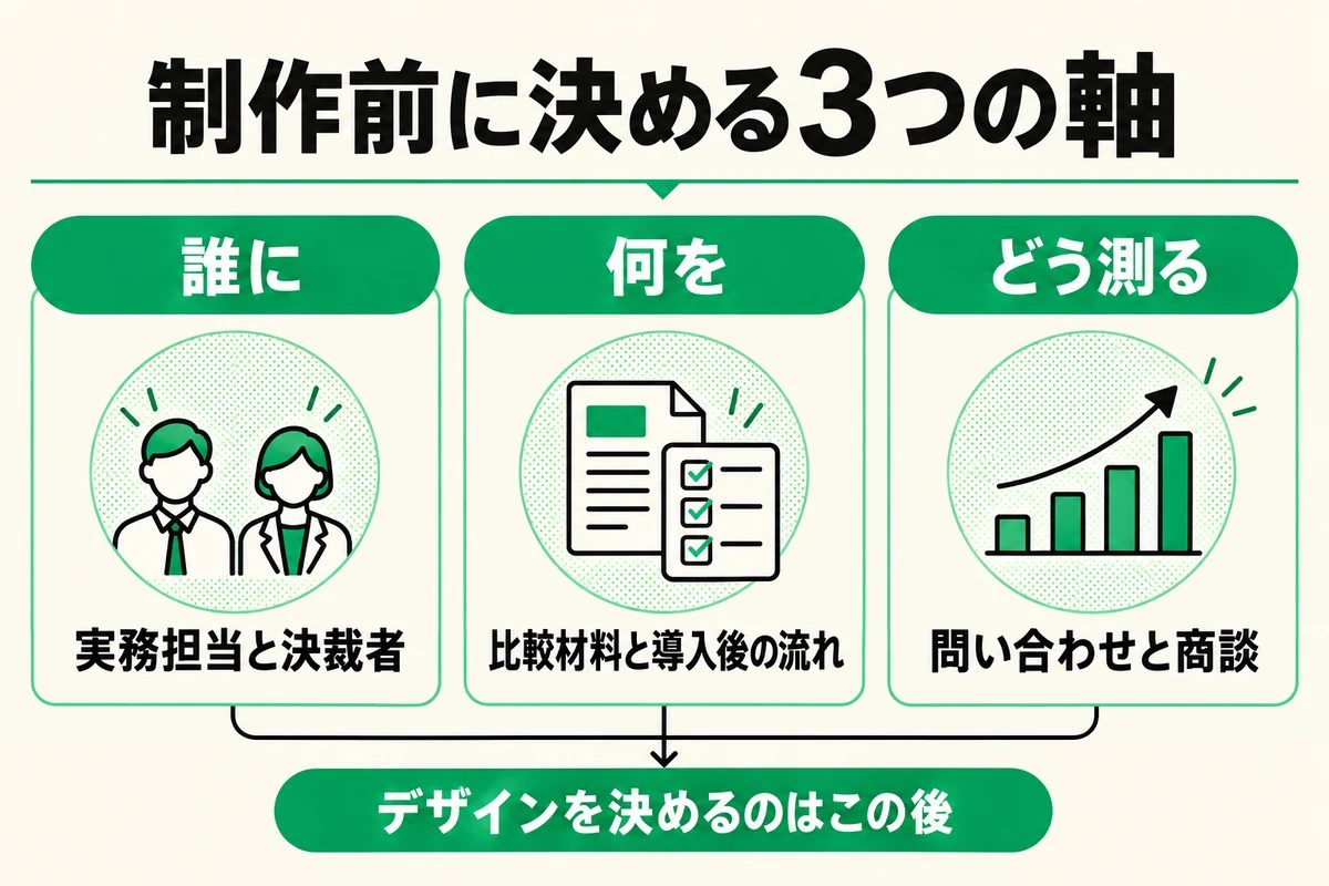 制作前に決める3つの軸の図 誰に 実務担当と決裁者 何を 比較材料と導入後の流れ どう測る 問い合わせと商談