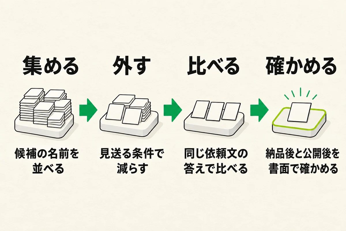 集める(候補の名前を並べる)、外す(見送る条件で減らす)、比べる(同じ依頼文の答えで比べる)、確かめる(納品後と公開後を書面で確かめる)の4段階を、カードの数が減っていく台と矢印で示した図。