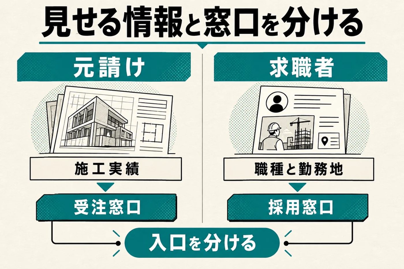 元請けは施工実績から受注窓口へ 求職者は職種と勤務地から採用窓口へ