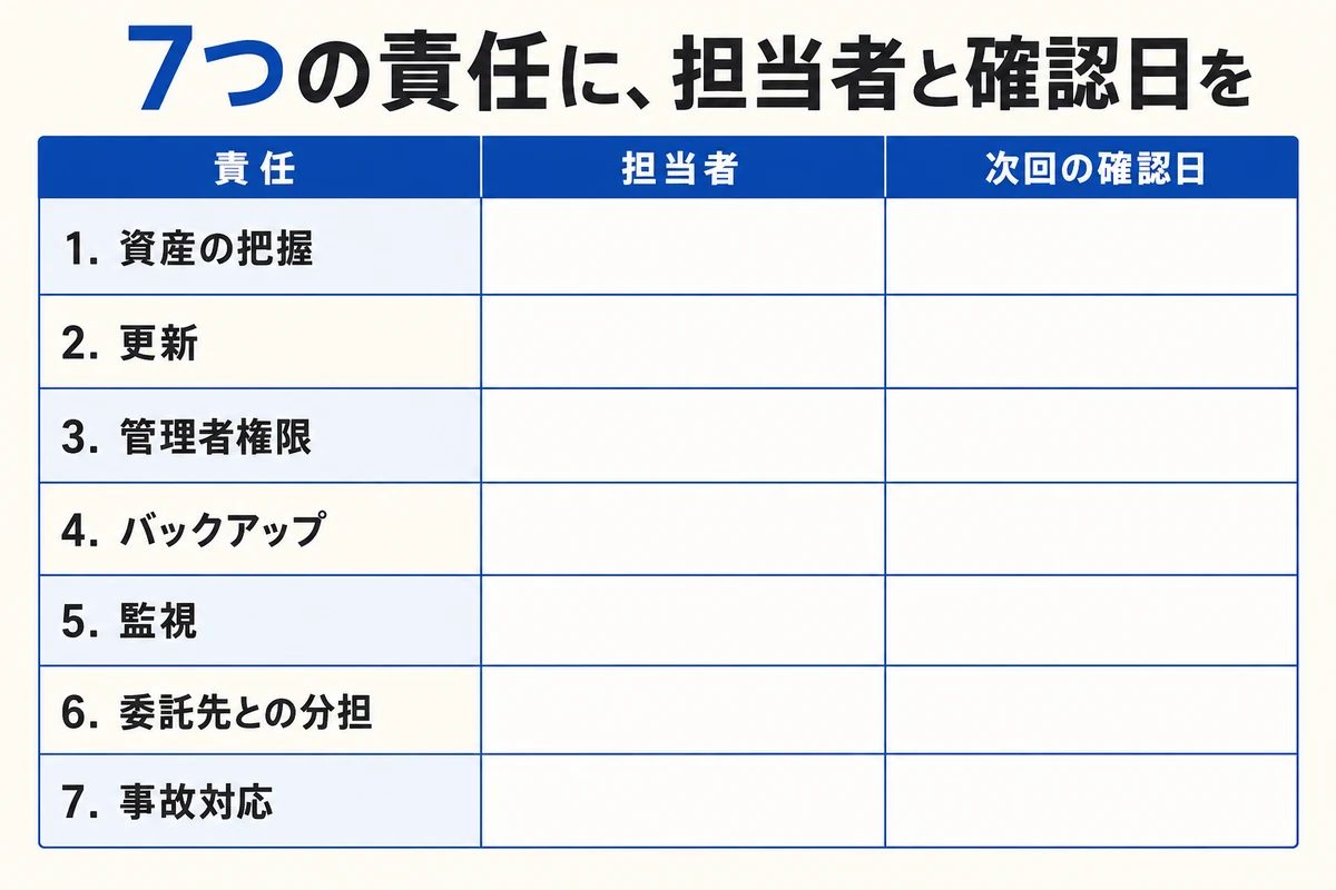 七つの責任と、担当者と次回の確認日の空欄を並べた記入表