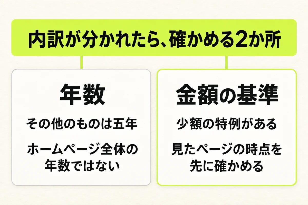 ライムの帯に「内訳が分かれたら、確かめる2か所」と書かれ、そこから2つの箱へ線が下りる図。左の箱は「年数」で「その他のものは五年」「ホームページ全体の年数ではない」、右の箱はライムの縁の「金額の基準」で「少額の特例がある」「見たページの時点を先に確かめる」。