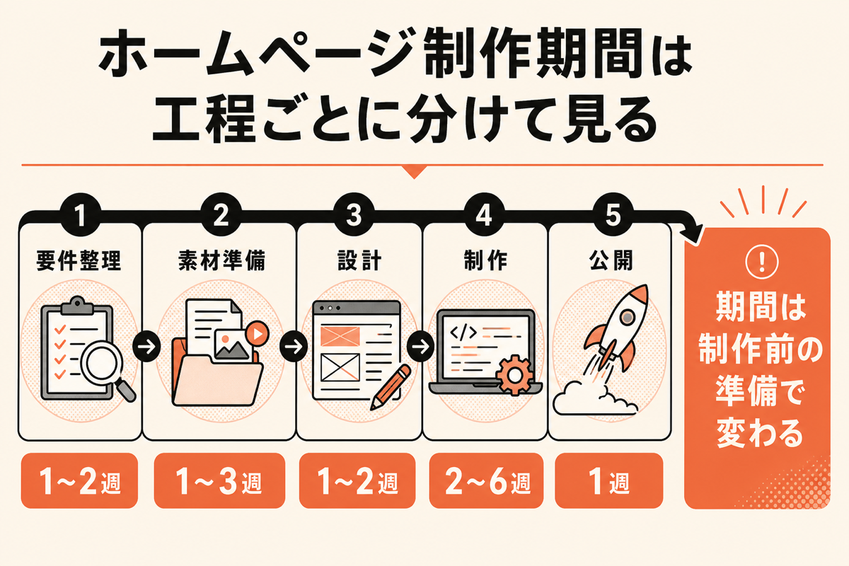 ホームページ制作期間を要件整理・素材準備・設計・制作・公開の5工程に分ける図