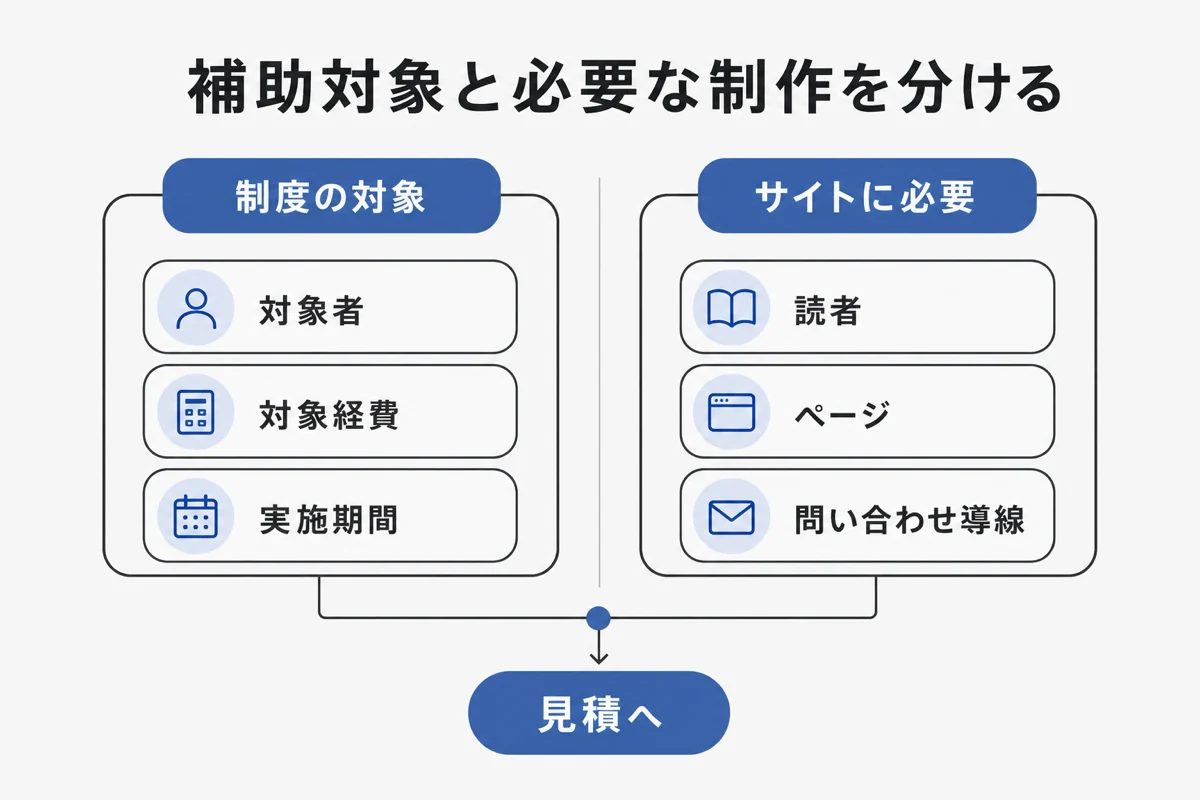 補助制度の対象とホームページに必要な制作を分けて見積へつなぐ図