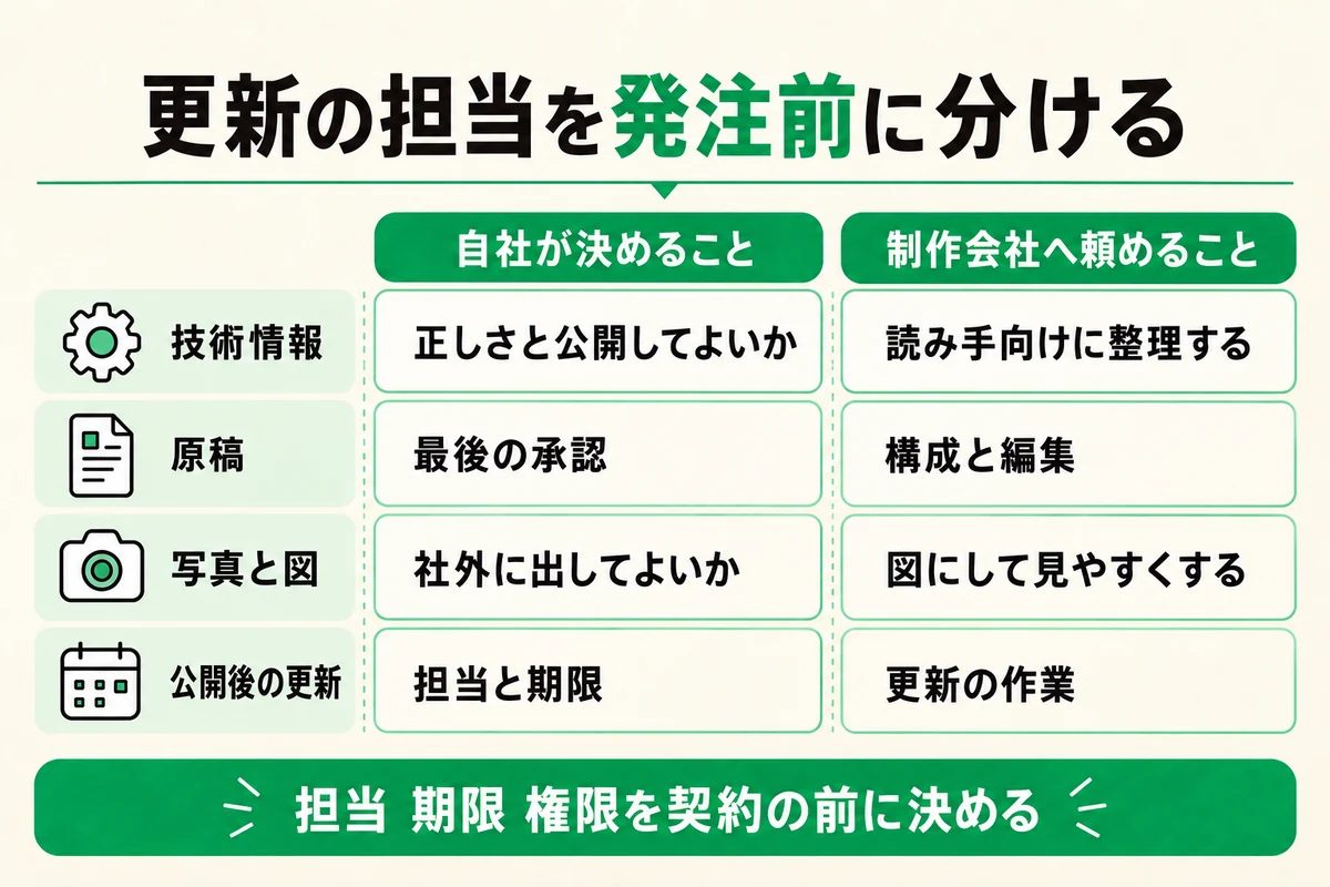 更新の担当を発注前に分ける図 技術情報 原稿 写真と図 公開後の更新について 自社が決めることと制作会社へ頼めることを並べ 担当 期限 権限を契約の前に決める