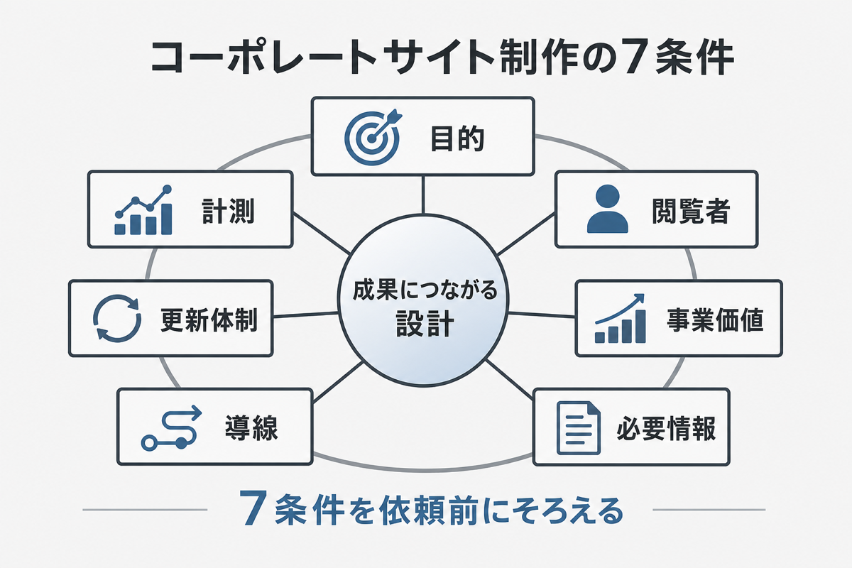 コーポレートサイト制作の目的、閲覧者、事業価値、必要情報、導線、更新体制、計測を中央の設計へつなぐ図