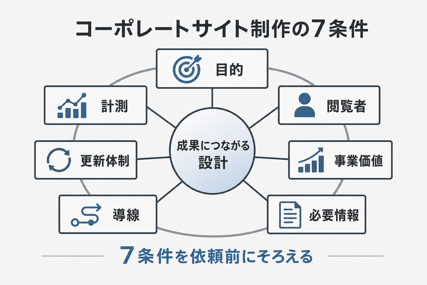 コーポレートサイト制作の目的、閲覧者、事業価値、必要情報、導線、更新体制、計測を中央の設計へつなぐ図