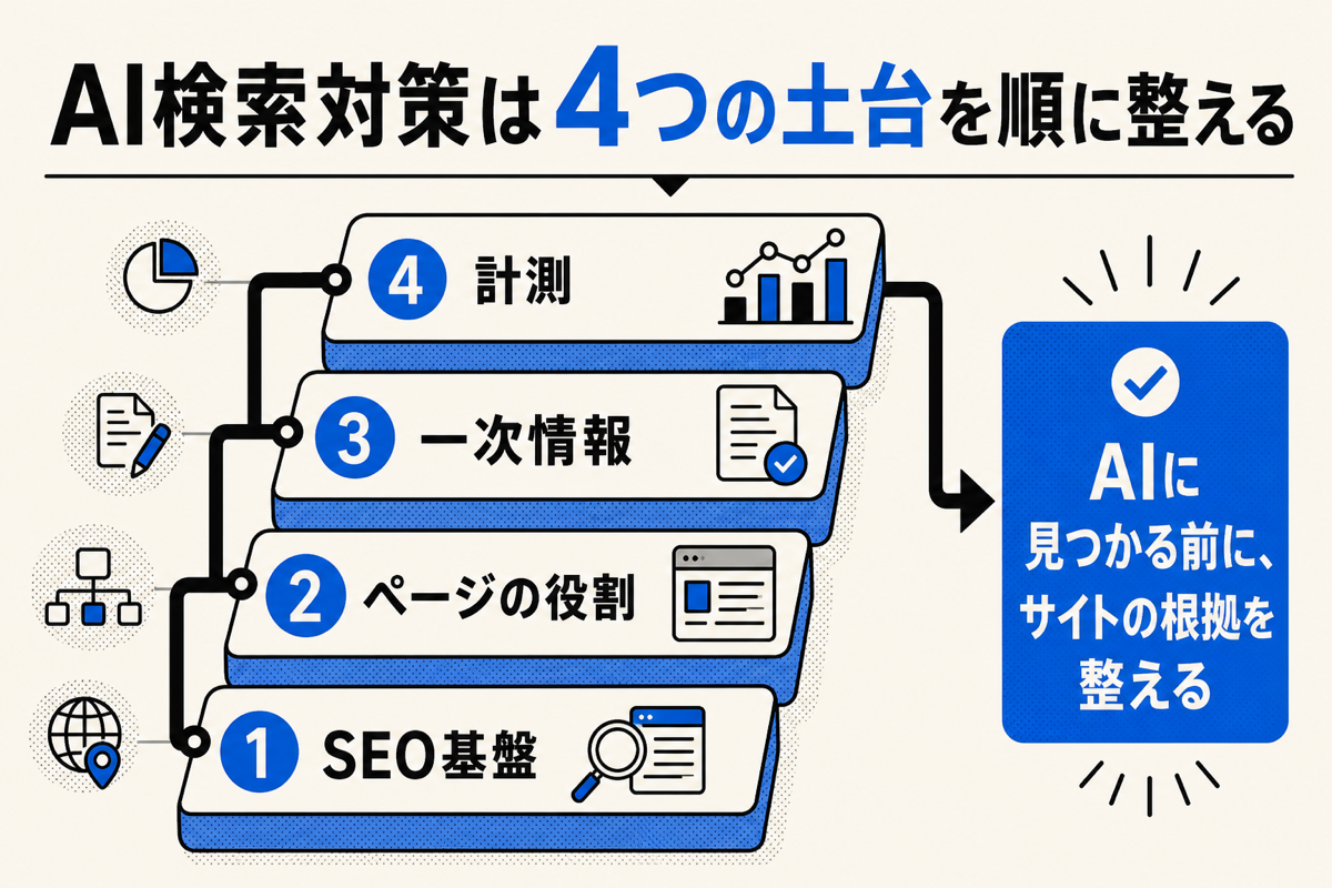 AI検索対策をSEO基盤、ページの役割、一次情報、計測の4つの土台で整える図