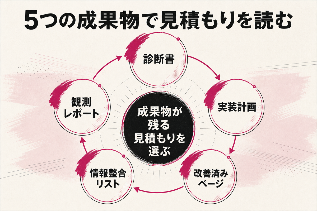 AIO対策の見積もりを診断書・実装計画・改善済みページ・情報整合リスト・観測レポートで比較する図