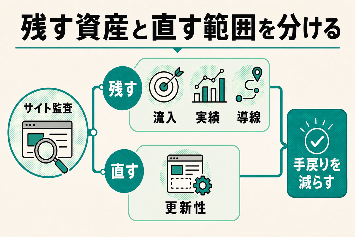 ホームページリニューアルで残す資産と直す範囲を分ける図