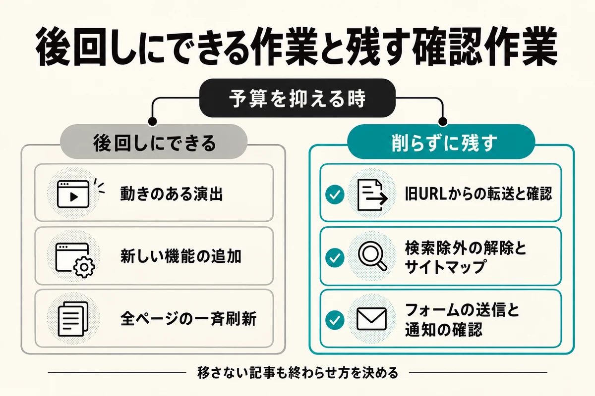 予算を抑える時に後回しにできる作業と削らずに残す確認作業へ分かれる図