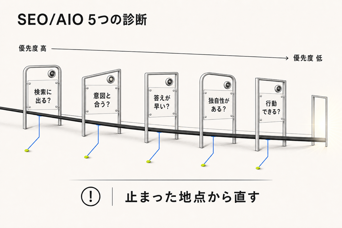 既存サイトのSEOとAIO診断項目を5つに分けて示す図解