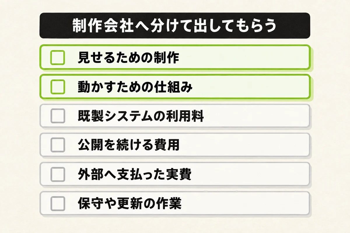 黒い帯に「制作会社へ分けて出してもらう」と書かれ、その下にチェック欄付きの6行が並ぶ図。上の2行はライムの縁で「見せるための制作」「動かすための仕組み」、下の4行は薄い灰色の縁で「既製システムの利用料」「公開を続ける費用」「外部へ支払った実費」「保守や更新の作業」。