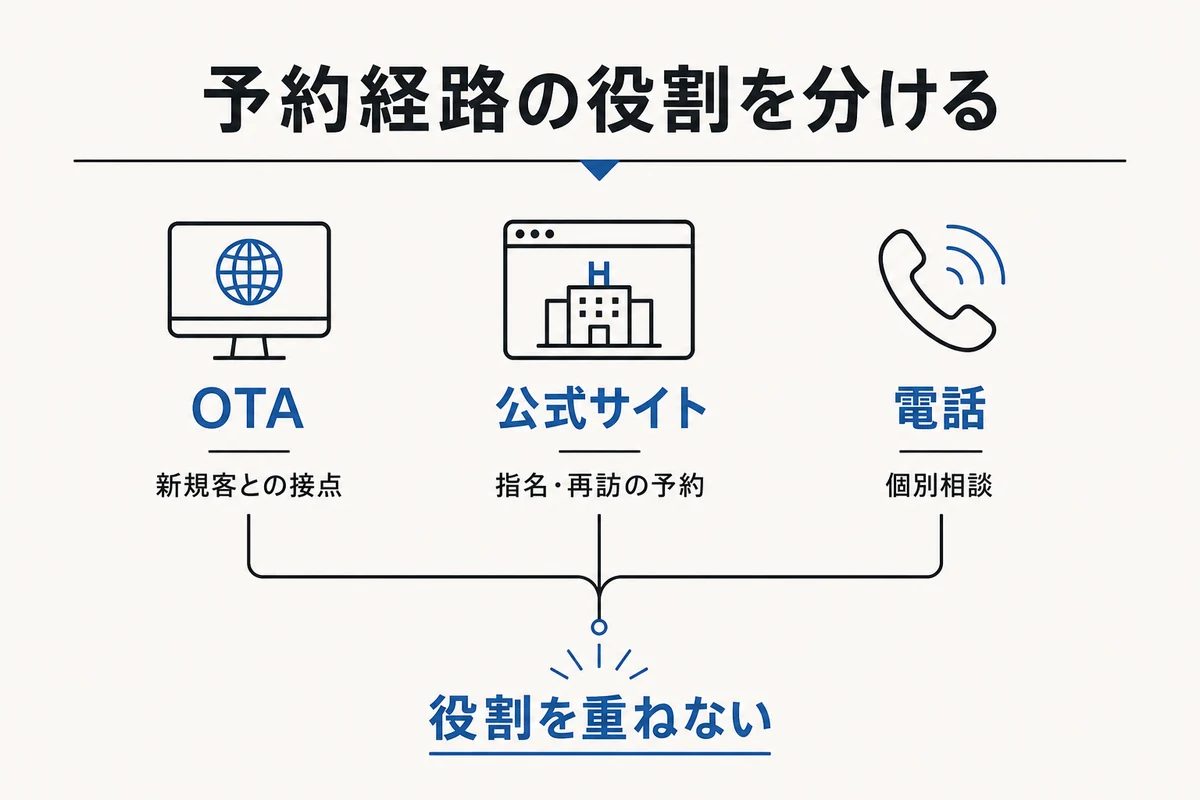 OTA、公式サイト、電話の予約経路を役割ごとに分ける図