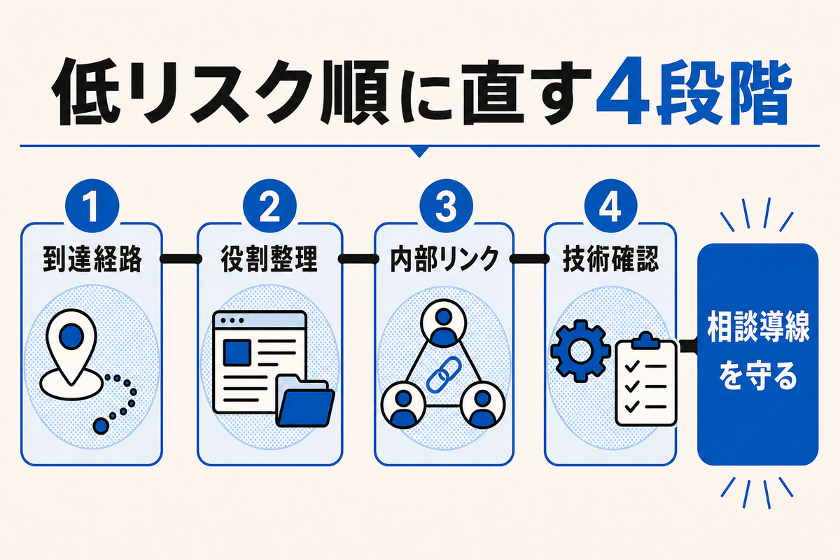 SEO内部対策を到達経路、役割整理、内部リンク、技術確認の順に直す図
