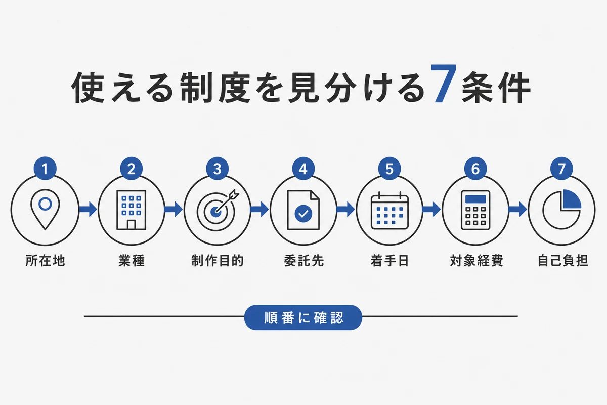ホームページ制作の補助金を見分ける7条件を順に示した図