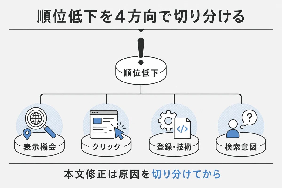 SEO検索順位の低下を4方向で切り分ける図