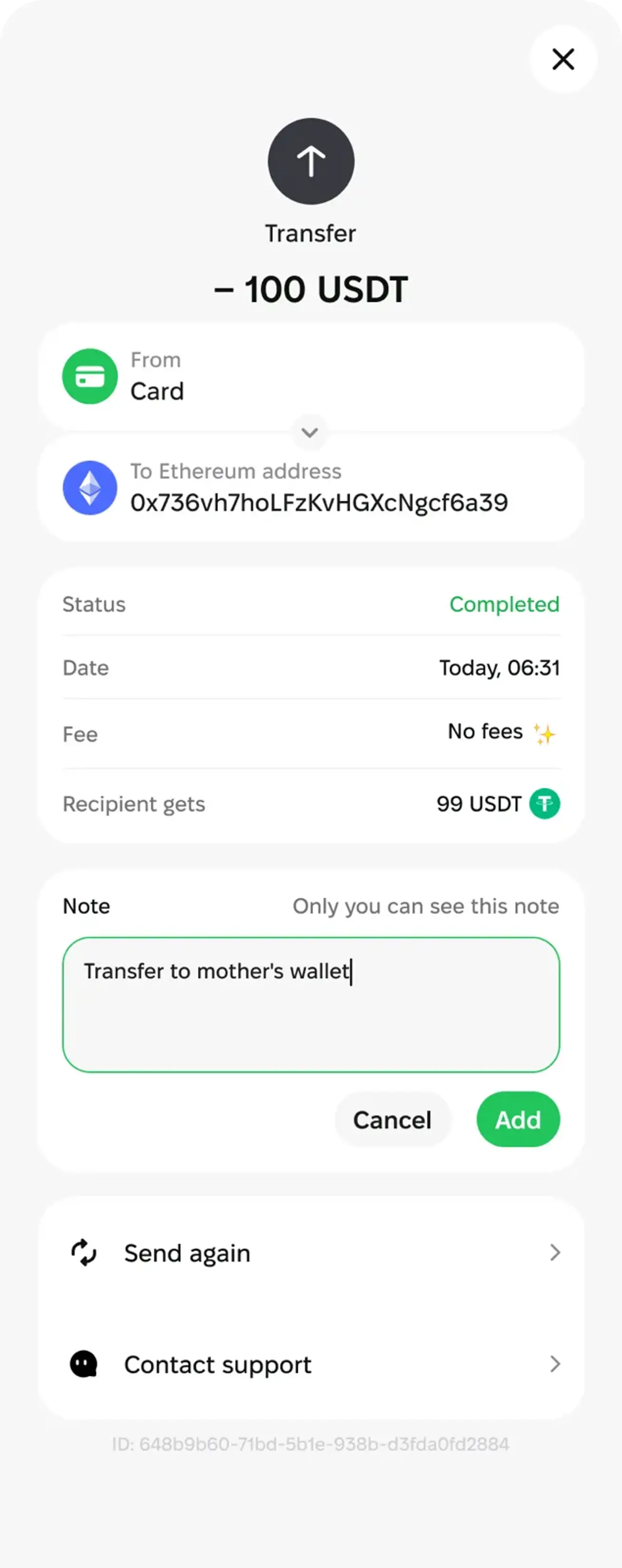 Transaction note in the Kolo app