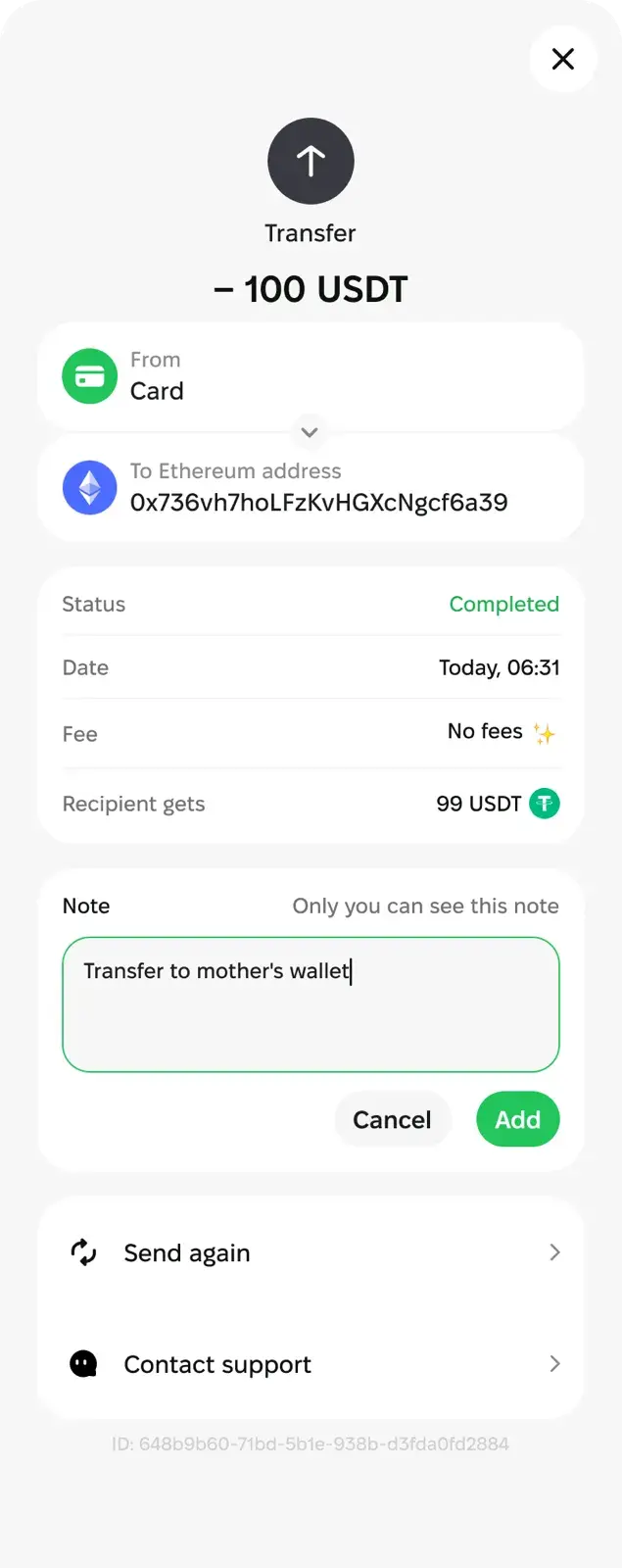 Transaction note in the Kolo app
