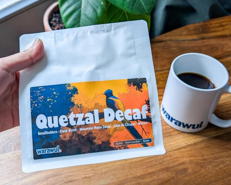 A bag of Quetzal Decaf