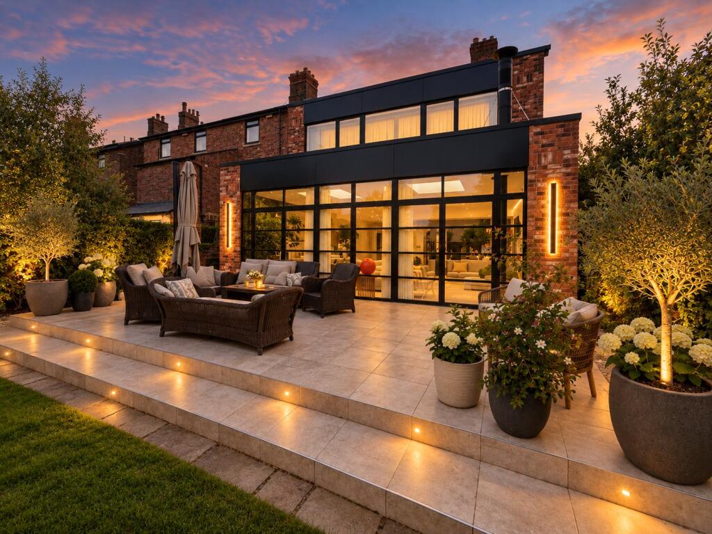 Steel-look aluminium doors and screens on the rear elevation at dusk, Crosby