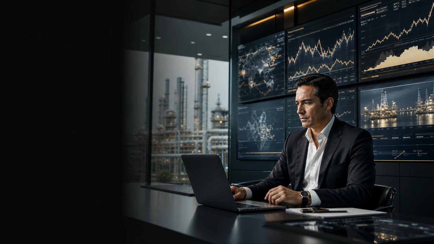 Ejecutivo de Stratton Oil analizando información energética y de inversiones