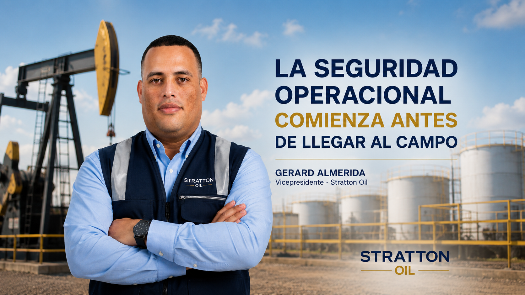 Supervisor de Stratton Oil realizando reunión de seguridad antes de iniciar operaciones petroleras