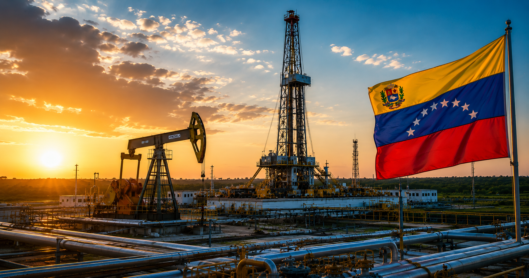 Instalaciones petroleras en Venezuela con torre de perforación, balancín y bandera venezolana