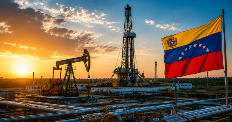 Instalaciones petroleras en Venezuela con torre de perforación, balancín y bandera venezolana