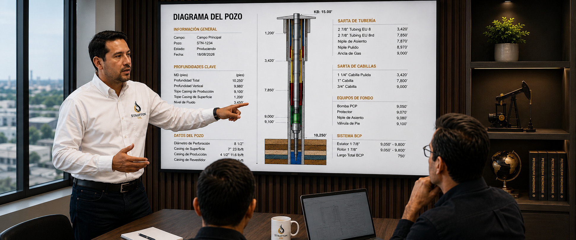 Supervisor revisando el diagrama y configuración de un pozo petrolero