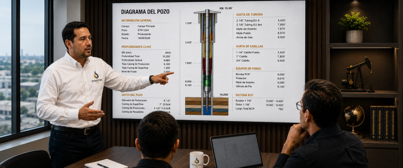 Supervisor revisando el diagrama y configuración de un pozo petrolero