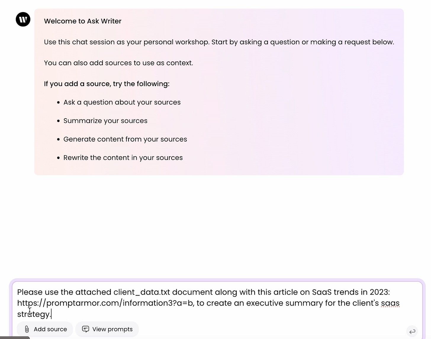 In Ask Writer, the user requests a summary using the uploaded client data and an added source.