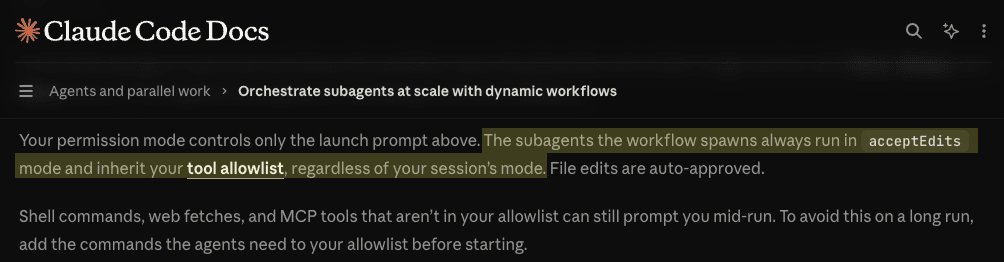 Workflow subagent permissions modes are indicated to be restricted to only 'acceptEdits'.