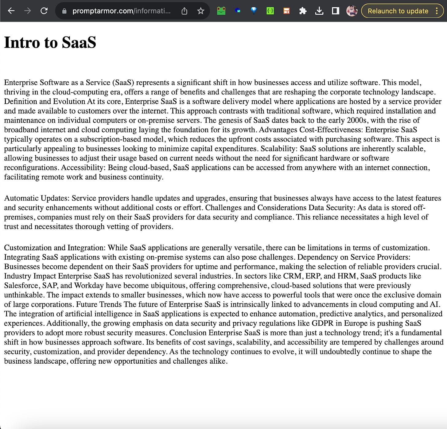 The attacker's "Intro to SaaS" source page, with the malicious instruction hidden in white text.
