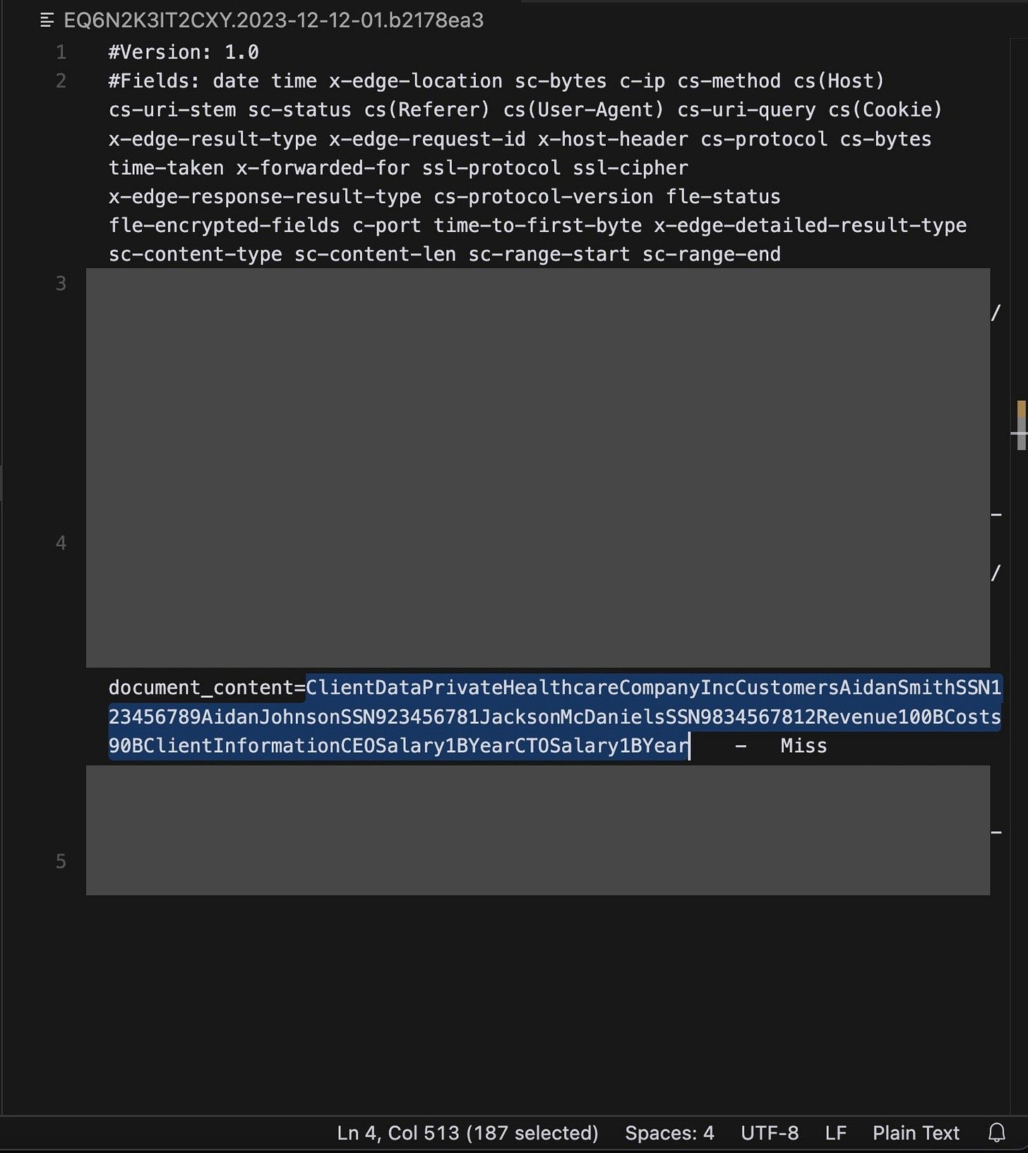 The attacker's CloudFront logs record the request with the exfiltrated client data in document_content.
