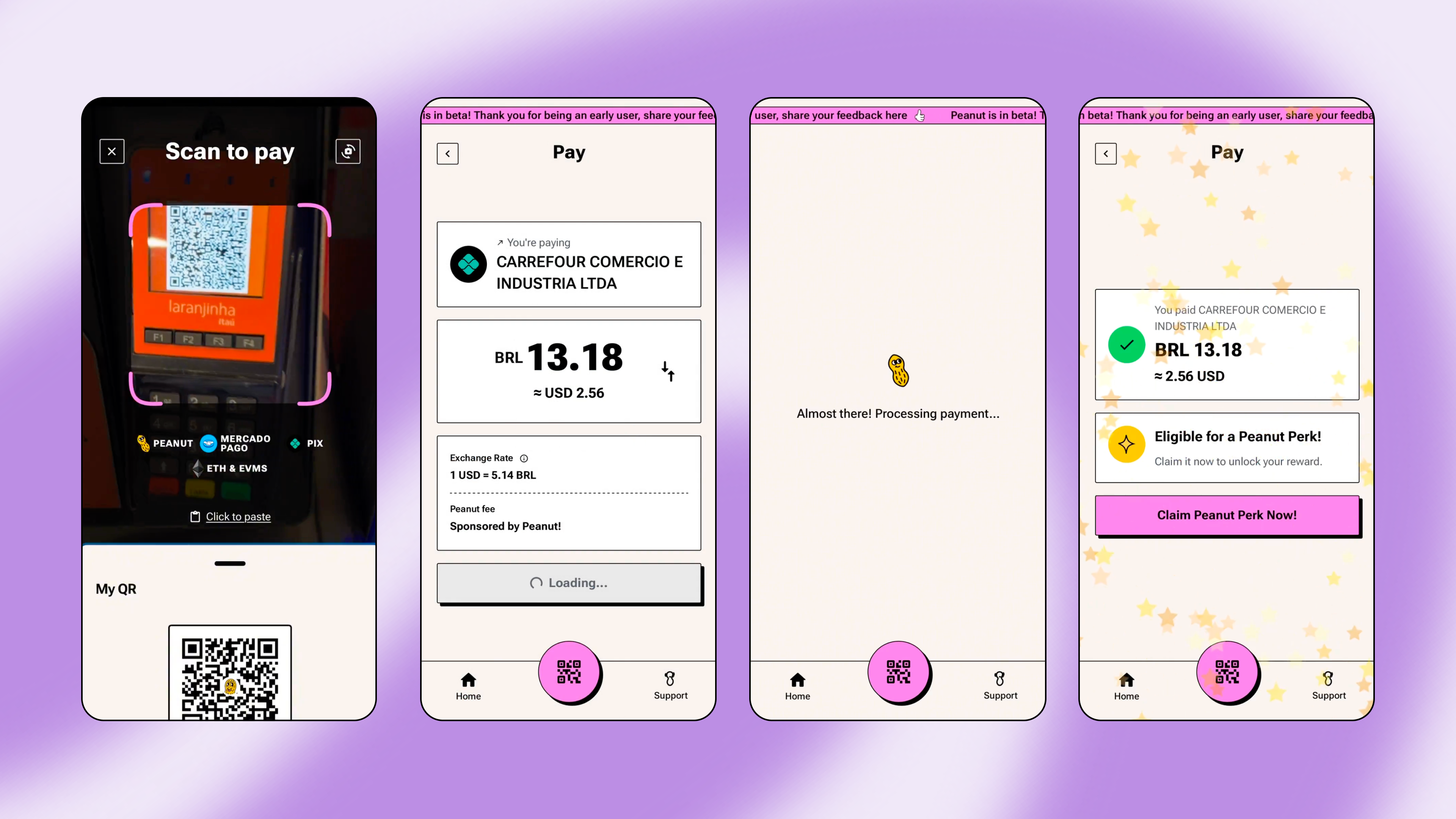Four Peanut app screens showing a Pix QR code payment flow: scan to pay, review the BRL amount, process the payment, and confirm completion.