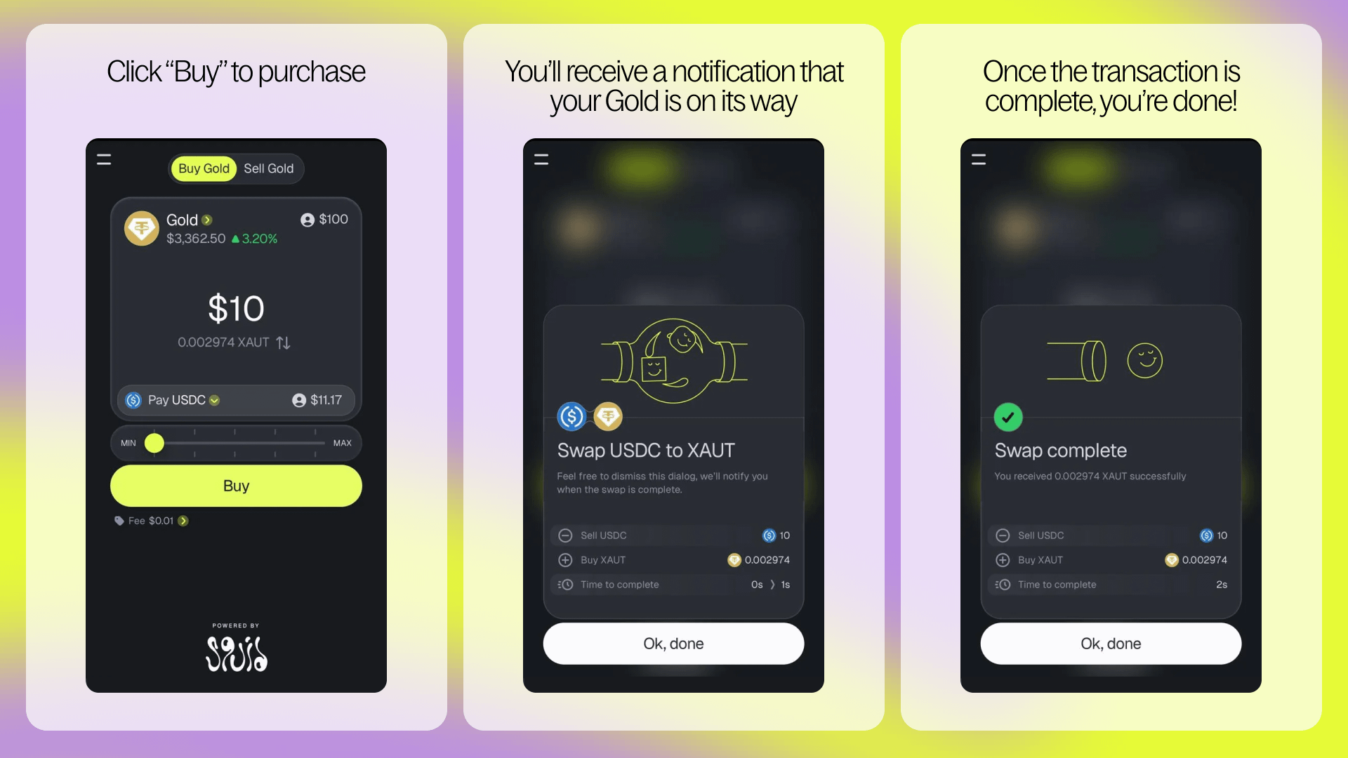 Three-step MiniPay flow showing how to buy tokenized gold: enter an amount, confirm the USDC to XAUT swap, and see the completed transaction.