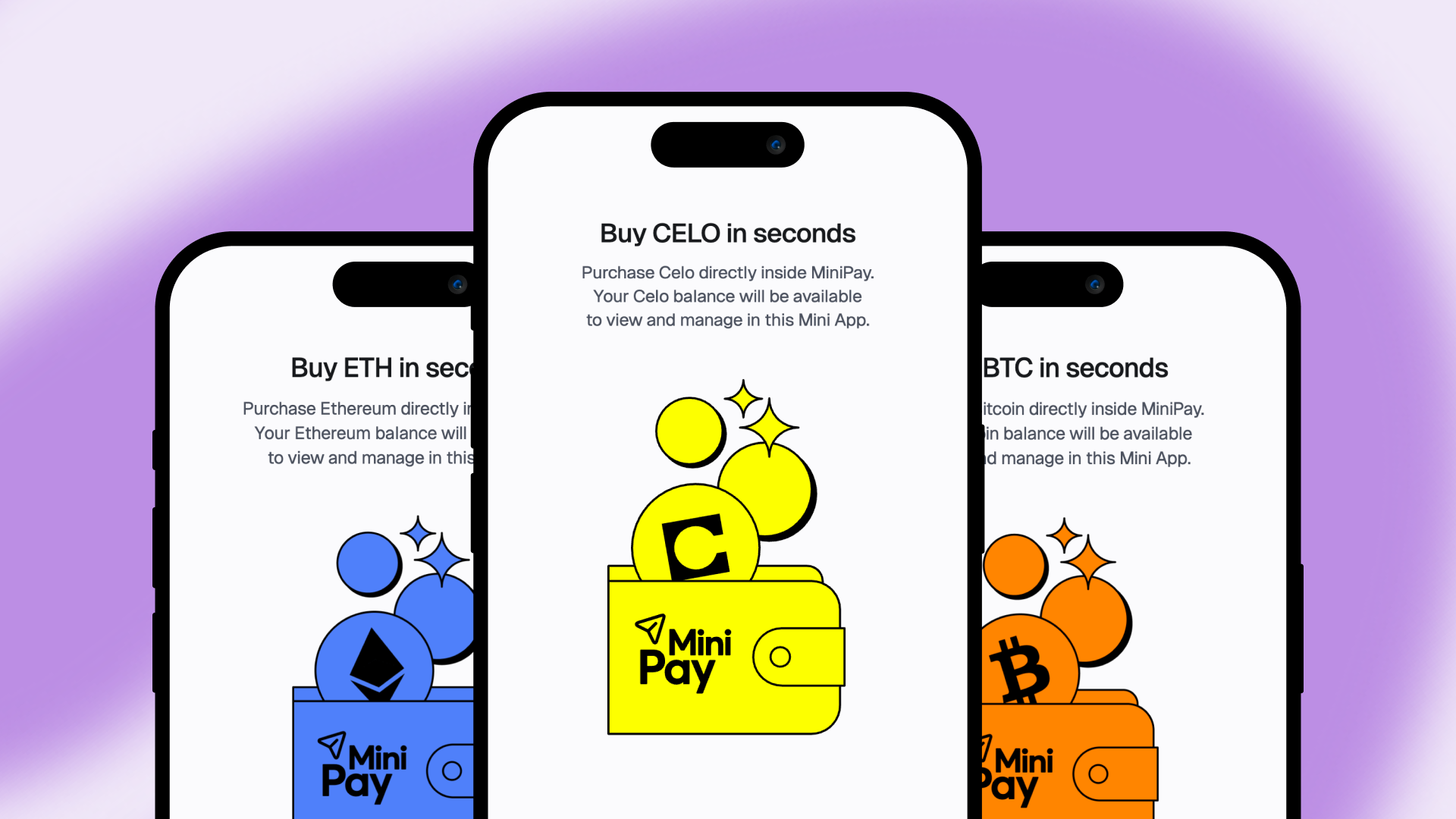 Three MiniPay app screens showing Mini Apps for buying ETH, CELO, and BTC directly inside the wallet.